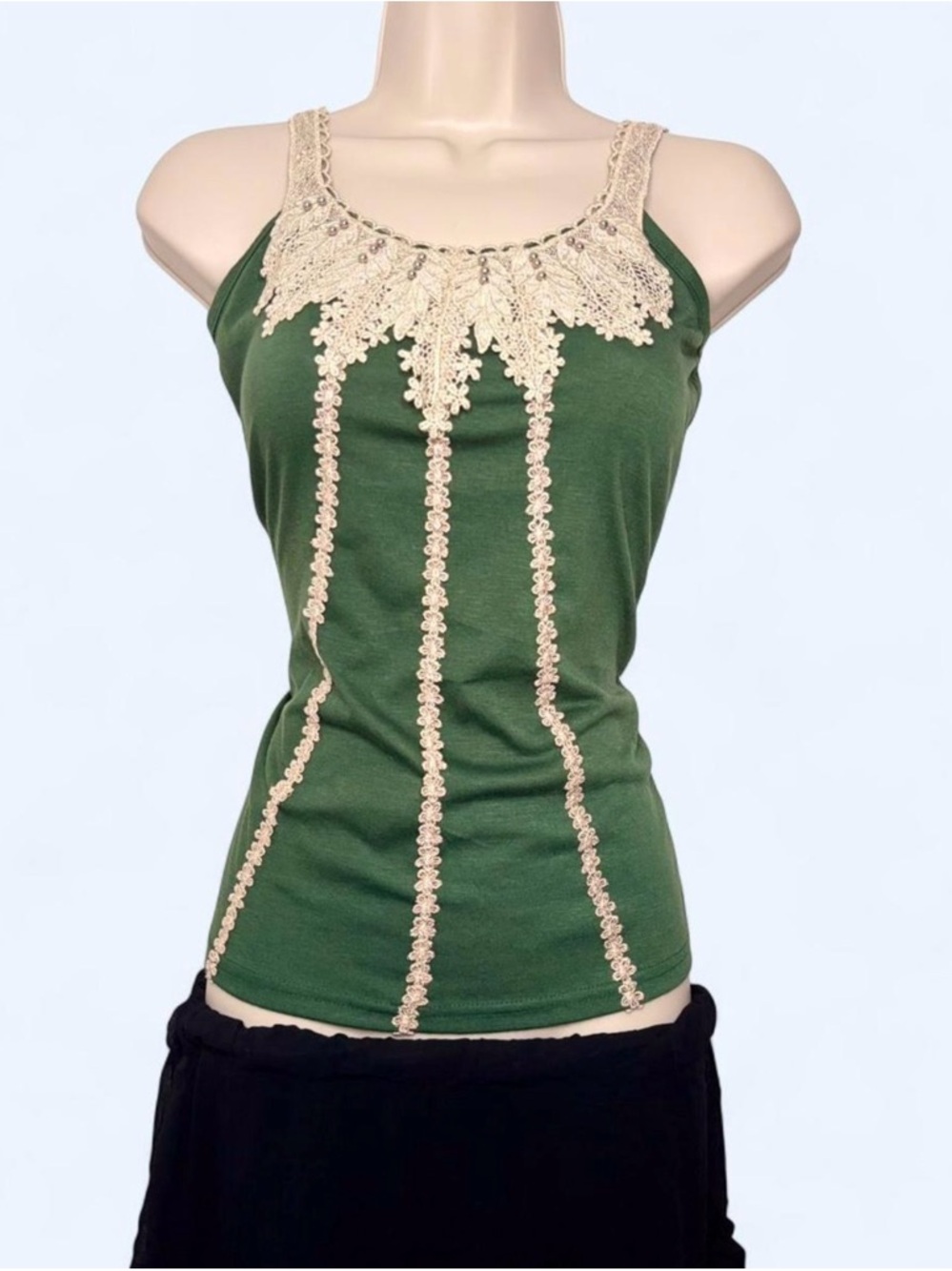 Fairycore Green Tank Top with Cream Crochet Trim - Picture 2 of 6